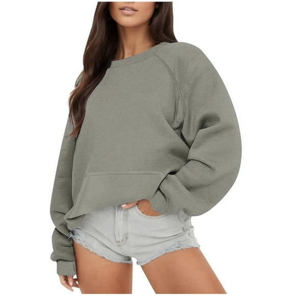 WRKEKC Essential Women's Solid Crewneck Pullover, Basic Long Sleeve Sweatshirt in a Lightweight Fabric for Versatile Layering Gray L