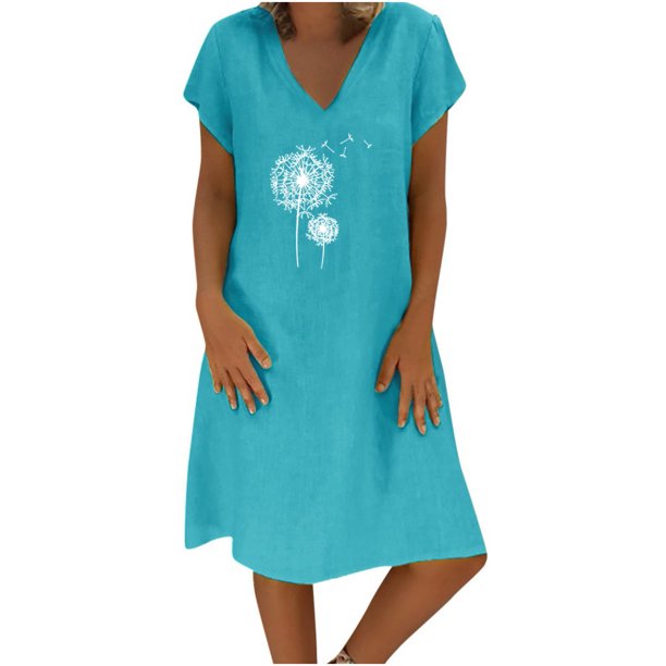 Vestido de algodón y lino de manga corta con estampado de verano con cuello en V suelto para mujer a la moda Fridja bnh4785