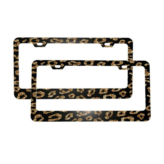 License Plate Frame With Screw Caps 2 Pack Car Plate Frame Front And Rear Rust-Proof Universal Car Tag Holder Gold Glitter And Black Leopard