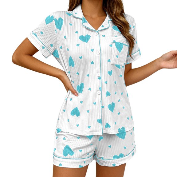 Swanpen Women's Heart Print Ribbed Pajama Button Front Short Sleeve Set Lapel Top with Matching Shorts for Summer Home Wear