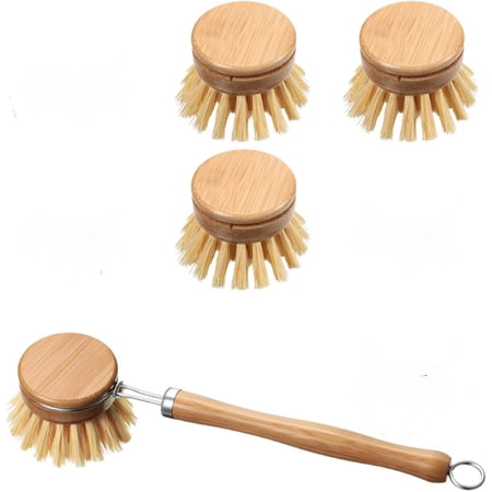 Set of 4 dish Brushes Wooden Kitchen Brushes with Handle Wood – Wooden Pan & Pot Cleaning Brush with Replaceable Head