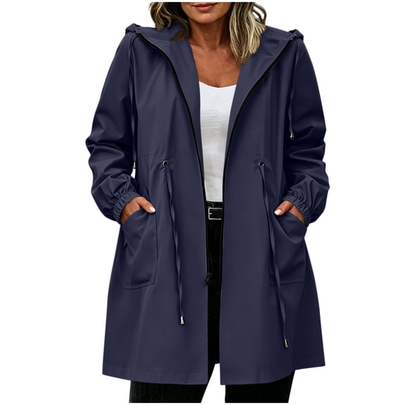 Karight Womens Waterproof Hooded Raincoat Long Sleeve Zip Up Drawstring Waist Adjustable Cuffs Mid Length Windproof Trench Jacket with Pockets