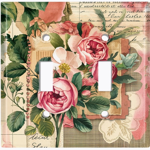 Metal Light Switch Wall Plate Outlet Cover (Printed Image of Vintage Rose Journaling - Double Toggle)