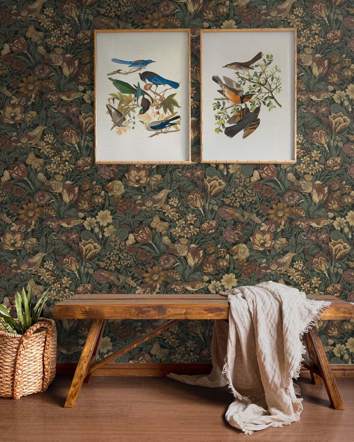 NextWall  Bird Floral Peel and Stick Wallpaper 20.5 in. W x 18 ft. L - Mahogany & Graphite