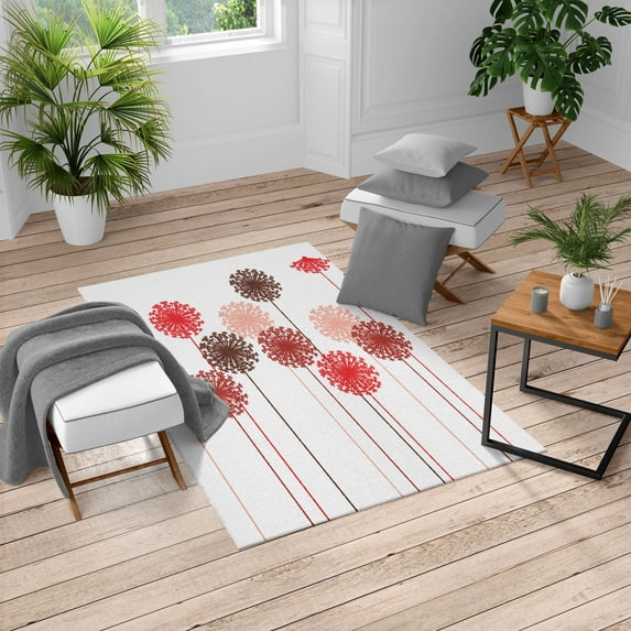 Dandelion Turkish Area Rug, Abstract Wildflower Silhouettes Botanical Inspirations Meadow in Summer Season, Carpet for Living Room Decor with Distressed Look, 4' X 5.7', White Magenta, by Ambesonne