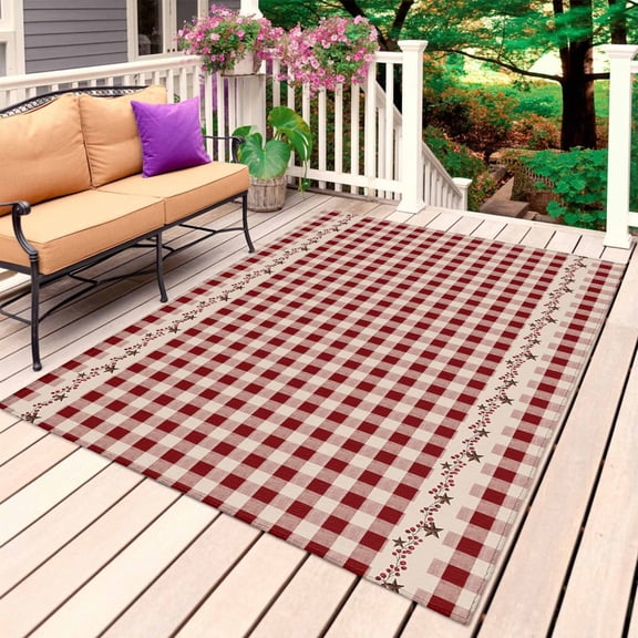 Country Star Plaid Outdoor Rug for Patio/Deck/Porch, Non-Slip Large Area Rug 5 x 7 Ft, Retro Red American Farm Barn Berry Indoor Outdoor Rugs Washable Area Rugs, Reversible Camping Rug Carpet Runner