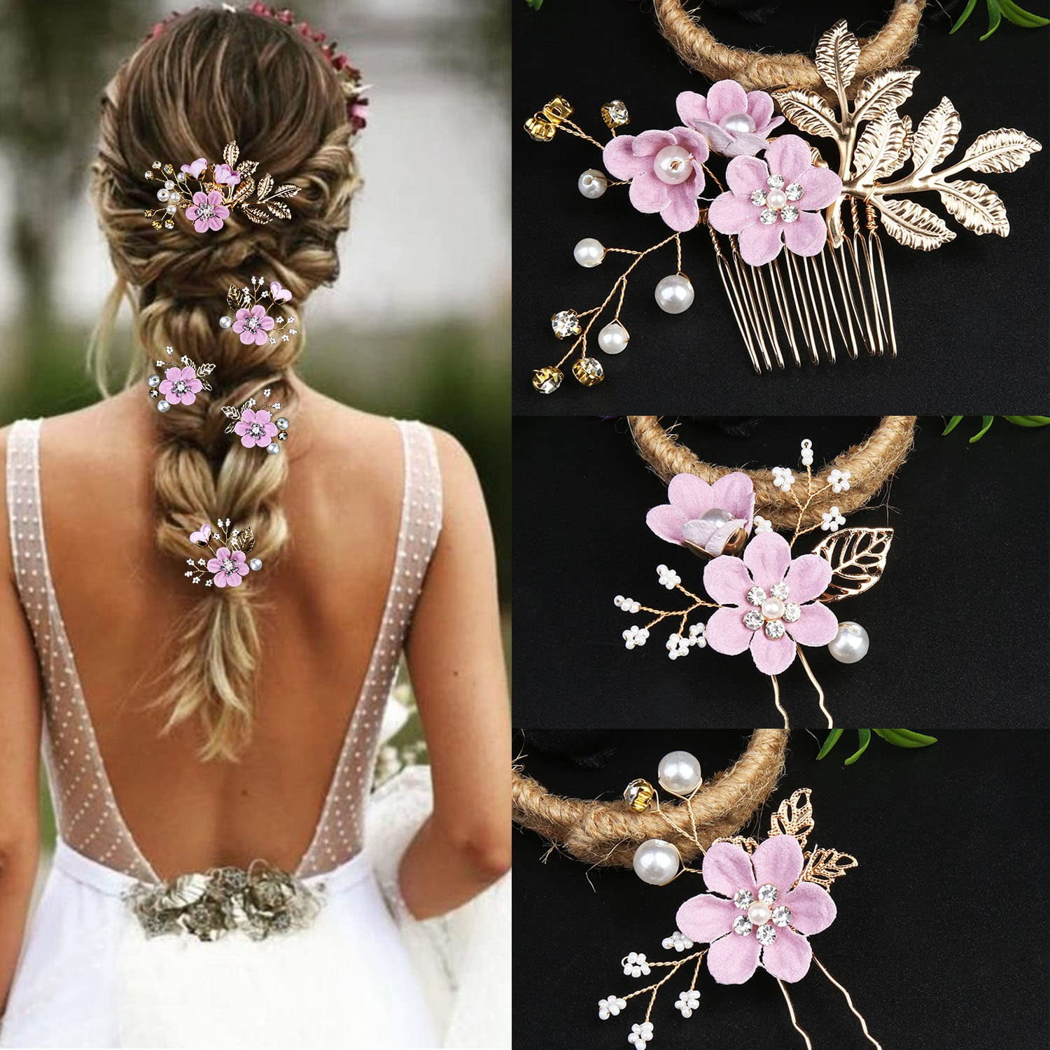 Flower Bridal Hair Clip Gold Purple Pearl Wedding Party Hair Accessories Women G Purple Floral Bridal Hair Jewelry, Crystal Wedding Hair Comb  main image 4