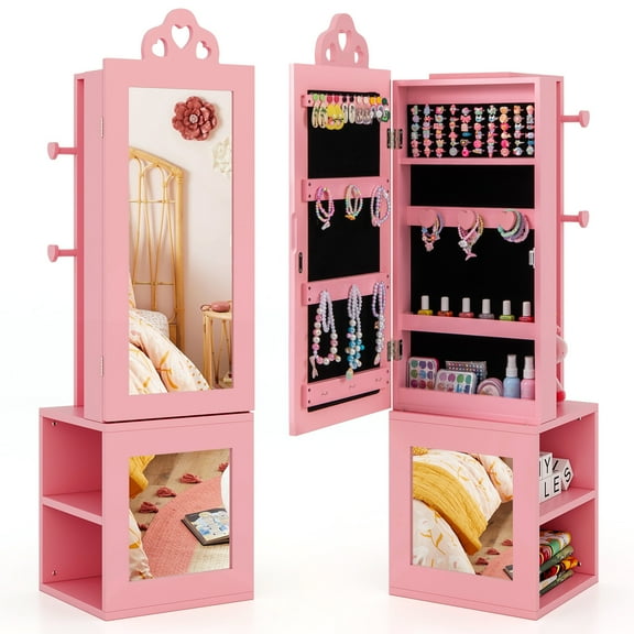 Infans Kids Jewelry Cabinet Standing Children Jewelry Organizer with Full-Length Mirror