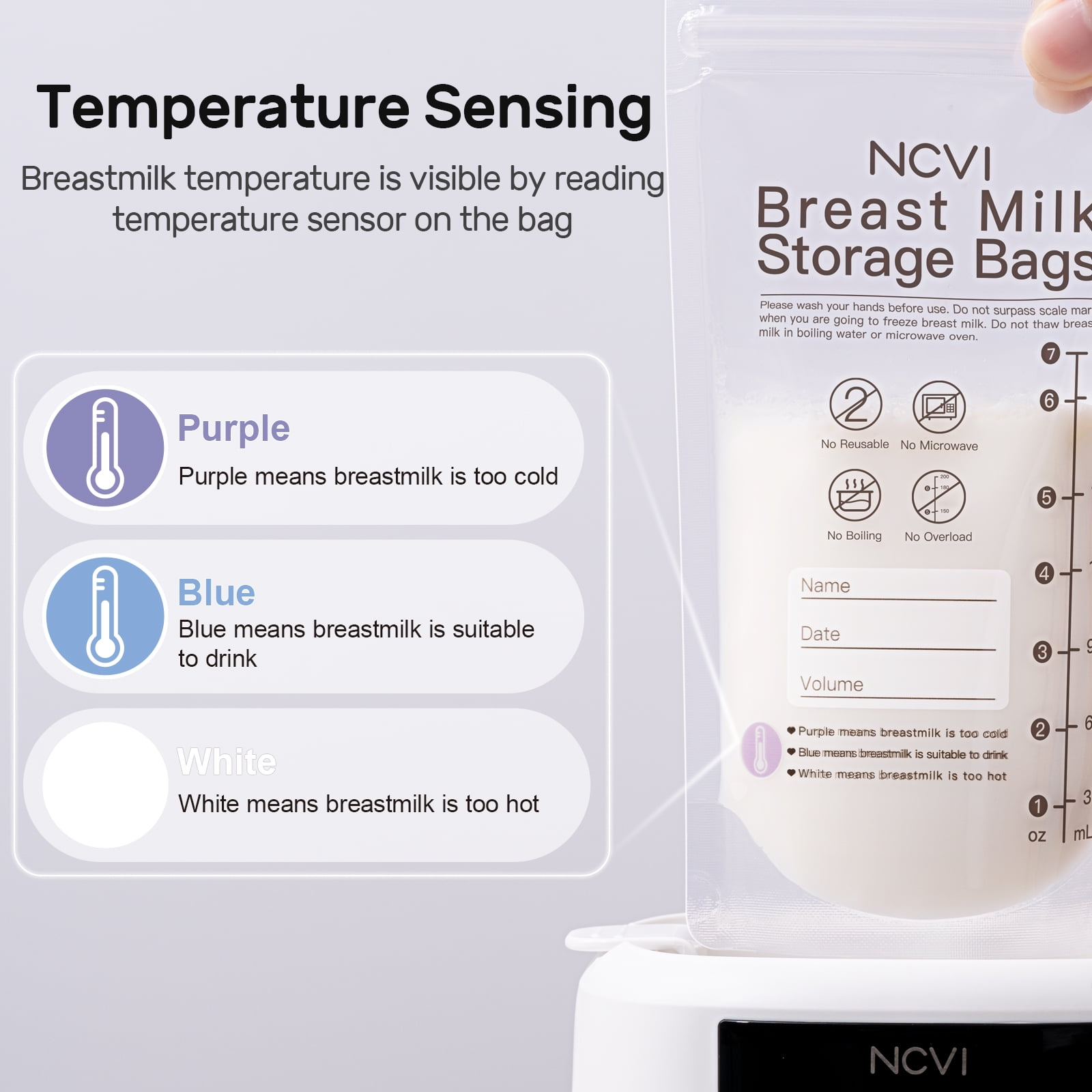 NCVI Breastmilk Storage Bags, Milk Freezer Bags for Long Term Breastfeeding Storage, Temperature Sensor (180 Count)