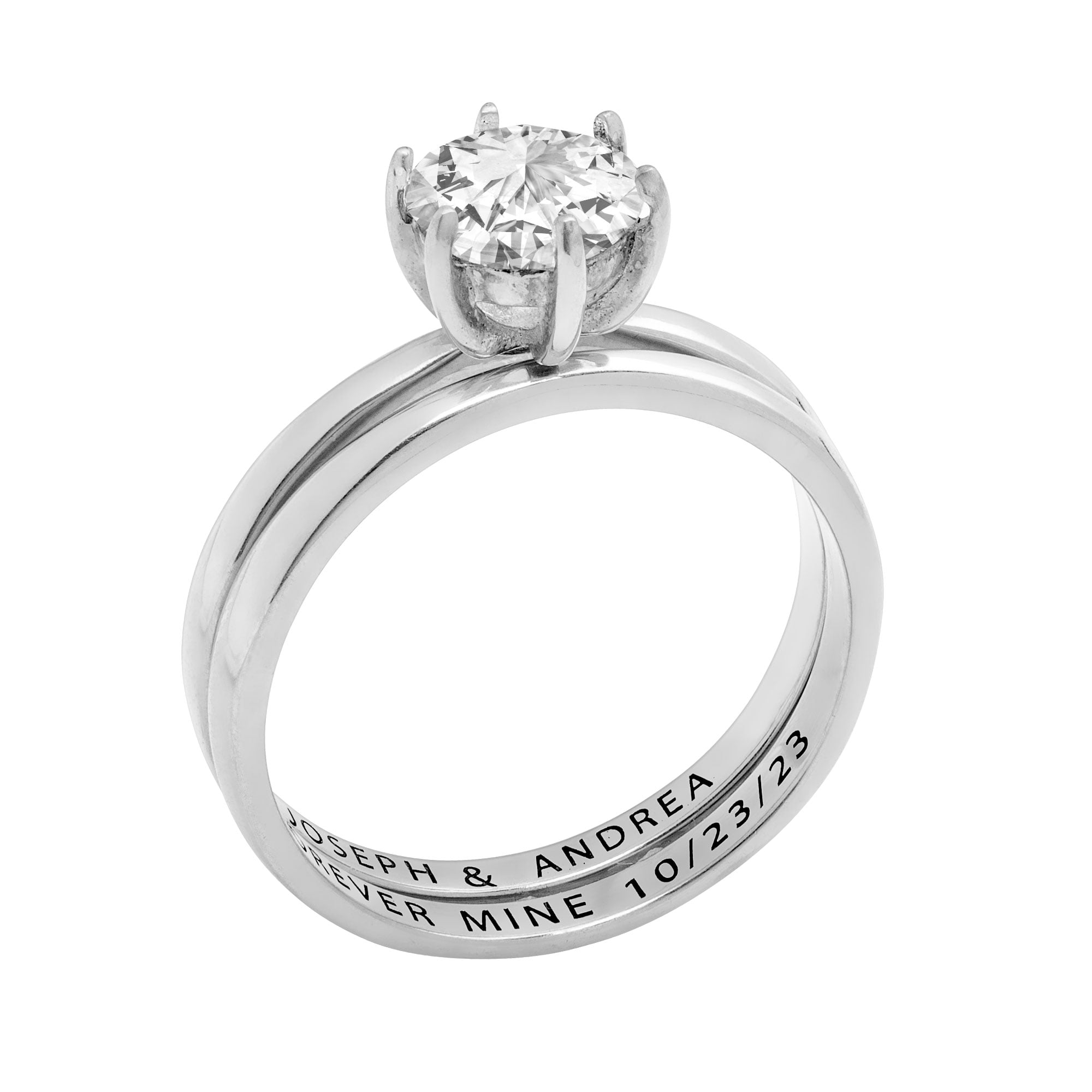 Vow & Forever Personalized Planet Bridal Platinum over Sterling Silver Round White Topaz 2-Piece Engraved Wedding Ring Set ,Women's