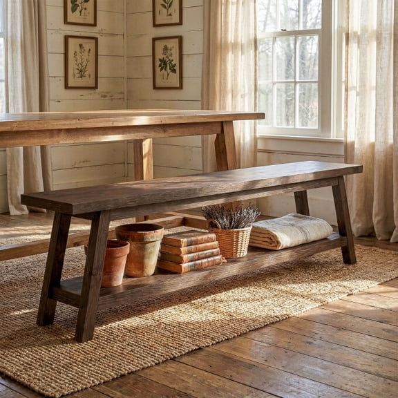 TRIBEWOOD 63”Solid Wood Dining Room Bench, Farmhouse Kitchen Bench with Storage Shelf for Dining Room, Kitchen Room