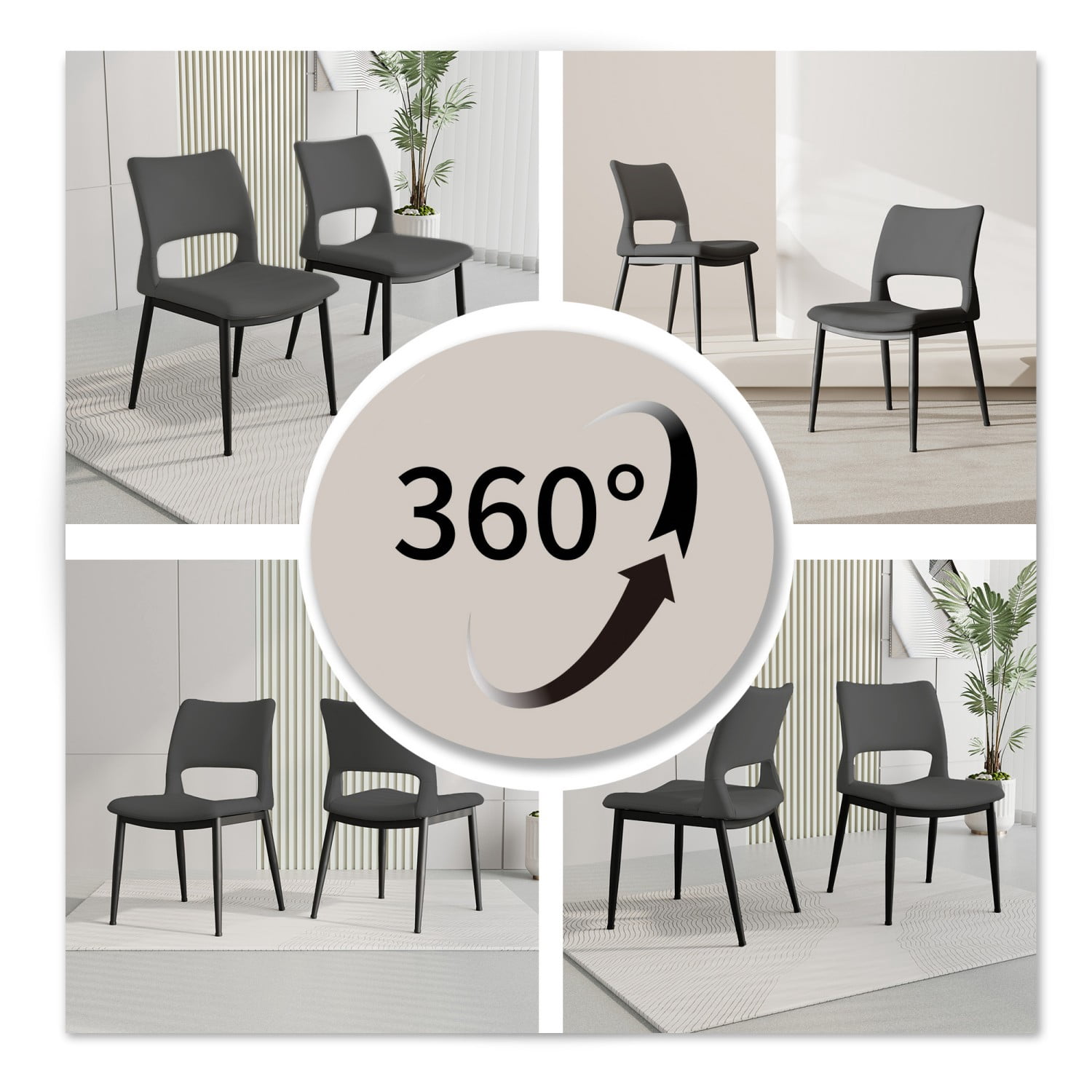 Modern Minimalist Grey PU Leather Dining Chairs Set of 2 Upholstered Kitchen Chairs with Metal Legs Ergonomic Backrest for Dining Room Restaurant Office