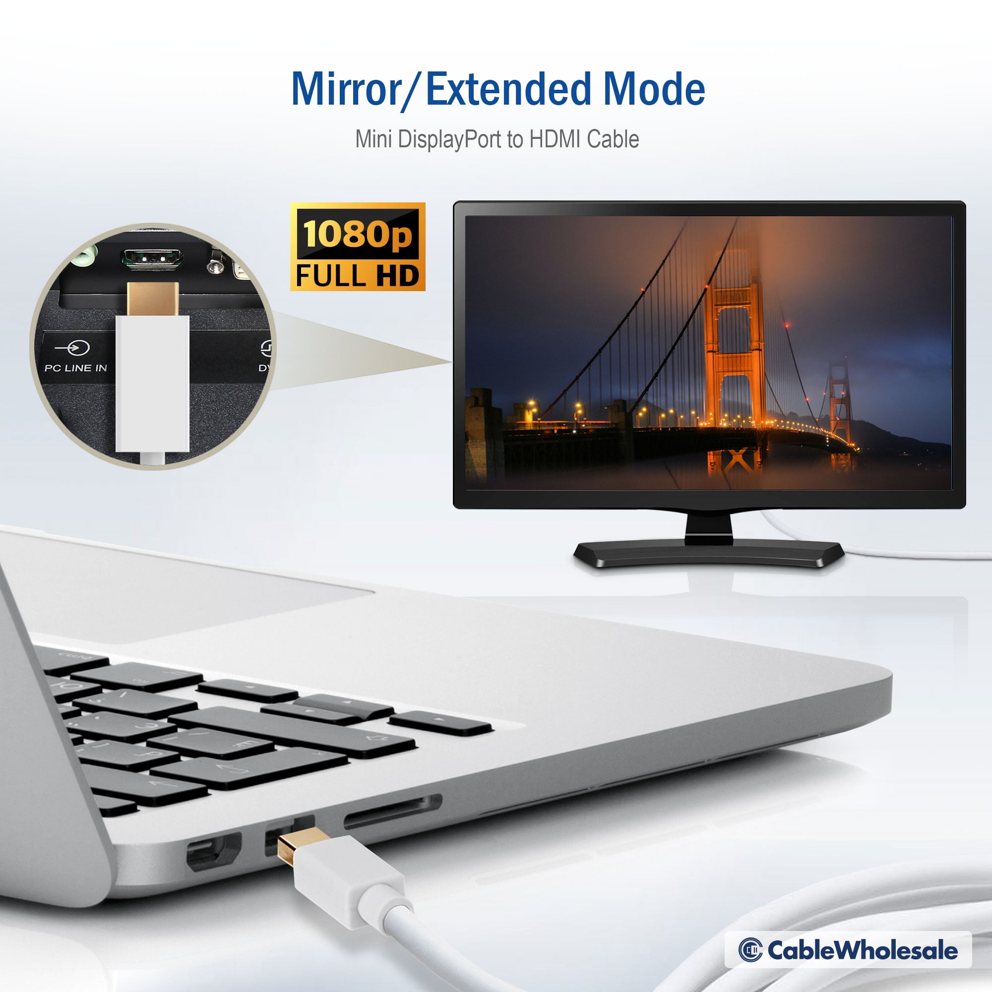 CableWholesale 10H1-62306 6 ft. Mini DisplayPort to HDMI Cable - Mini DisplayPort Male to HDMI Male, White