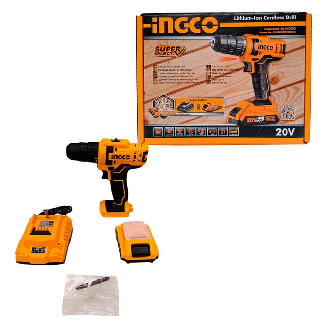 TALADRO ATORNILLADOR INALAMBRICO 20V 3/8 VEL S/CARGA 0-400/0-1500RPM C/BATERIA C/CARGADOR INGCO