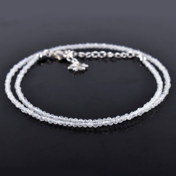 QNAVIC Natural Blue Sheen Moonstone Gemstone Micro Round Beads Dainty Choker Necklace Jewelry for Women Healing Chakra Crystals June Birthstone Gift for Her Silver Plated Chain 18 inch