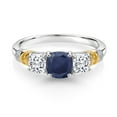 thumbnail image 2 of Gem Stone King 925 Silver and 10K Yellow Gold Blue Sapphire and White Moissanite and Diamond 3-Stone Ring for Women (1.97 Cttw, Gemstone September Birthstone, Cushion 6MM and 4MM, Size 7), 2 of 3