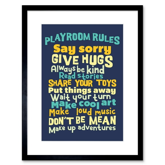 Kids Playroom Rules Fun Blue Framed Wall Art Print