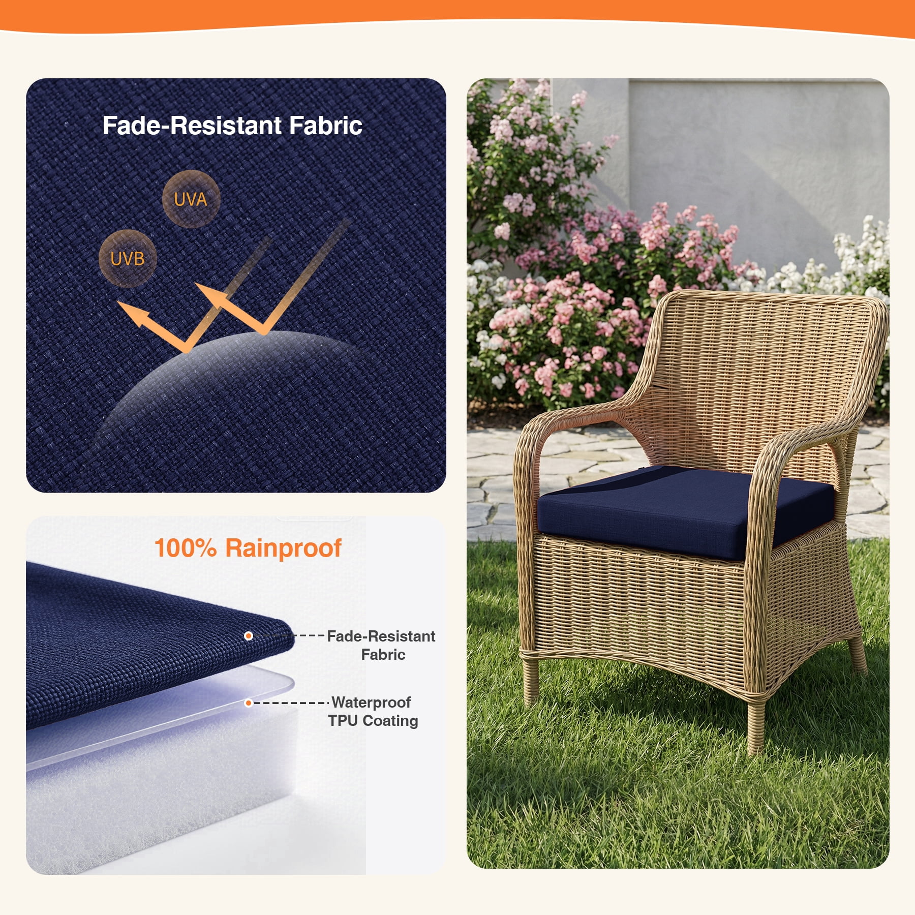 Favoyard Outdoor Cushion Set of 2, Rainproof & 3-Year Fade Resistant Patio Furniture Cushions with Removable Cover and Adjustable Ties for Garden