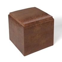 Rockwood 17 inch Wide Cube Storage Ottoman with Tray in Distressed Saddle Brown Vegan Leather