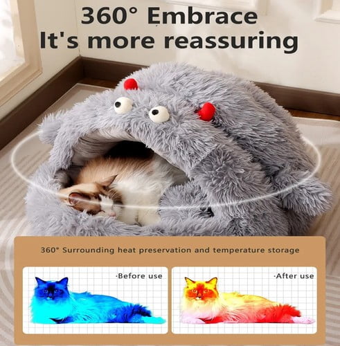 Colourtree Grey Winter Warm Plush Cat Bed, Enclosed Hooded Pet House with Cute Monster Design, Anti-Collapse Support for Indoor Cats & Small Pets