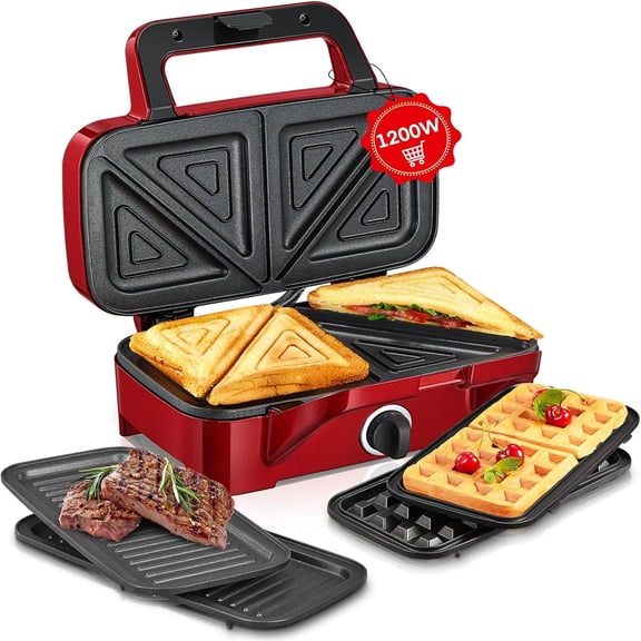 Sandwich Maker, 3 in 1 Waffle Maker with Removable Plates, 1200W Panini Press with Interchangeable Non-Stick Plates, Indicator Lights, 5-gear Temperature Control (Red)