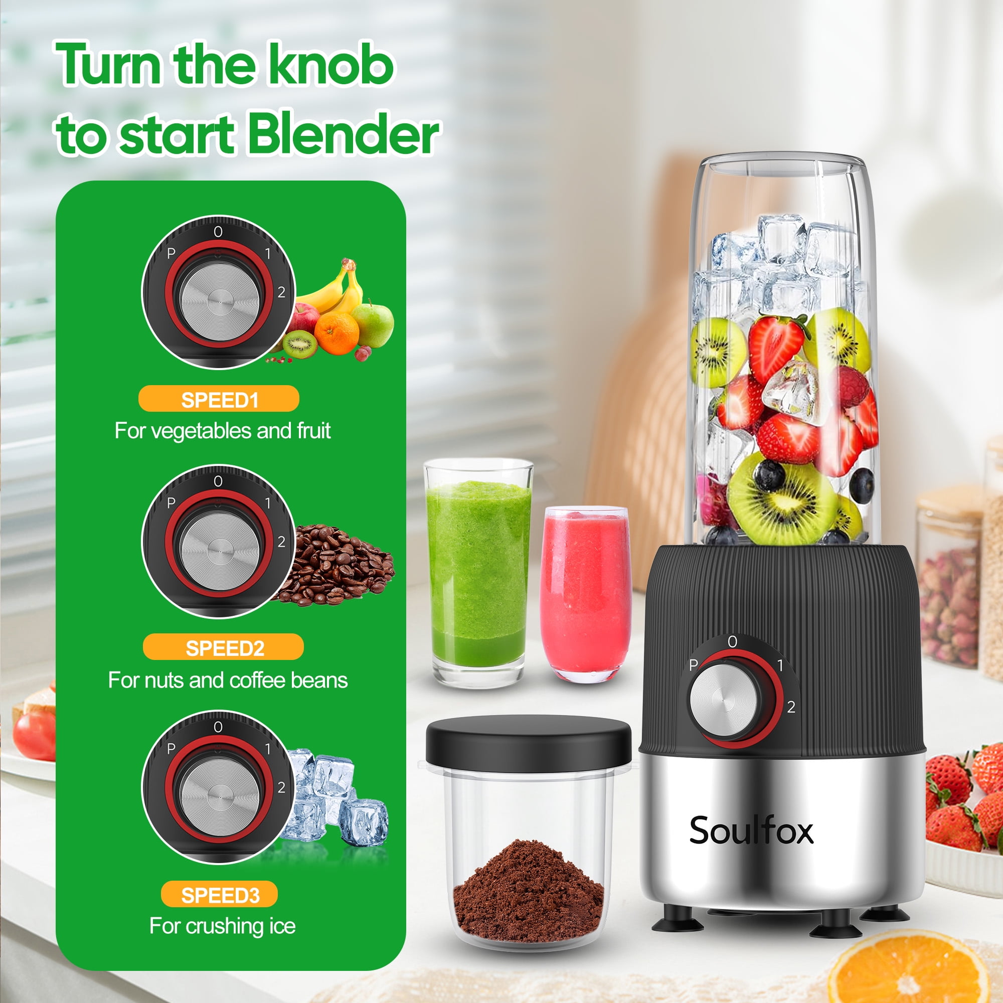 Soulfox Personal Blender for Smoothies 500W Portable Mini Corded 4 Blades 23oz Juicer 7oz Grind Cup