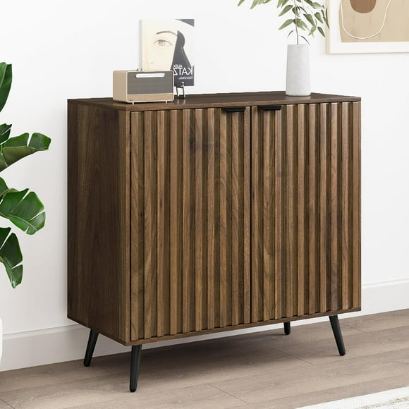 Semiocthome Farmhouse Sideboard Buffet Cabinet with Fluted Panel Doors and Adjustable Shelves, Living Room, Walnut