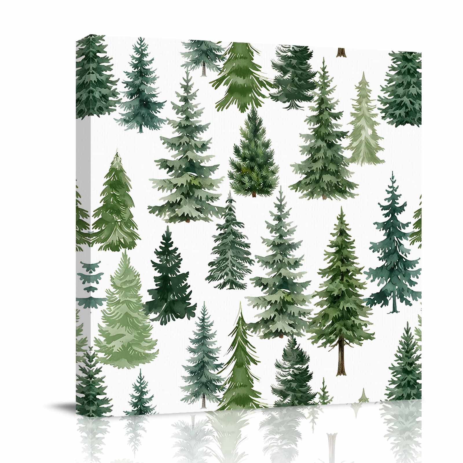 Canvas Wall Art Green Christmas Tree Framed Canvas Prints for Bathroom Desk Winter Xmas Pine Tree Rustic Forest Small Gallery Wrapped Wall Decor for Home Office Gifts 8 x8 Ship Next Day