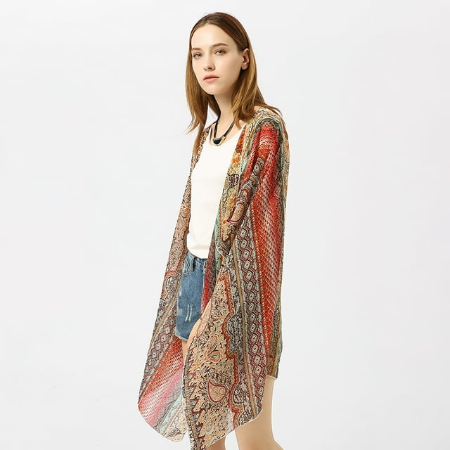 Women' Long Kimono Loose Lightweight Breathable Flowy Open Front Tops - Red