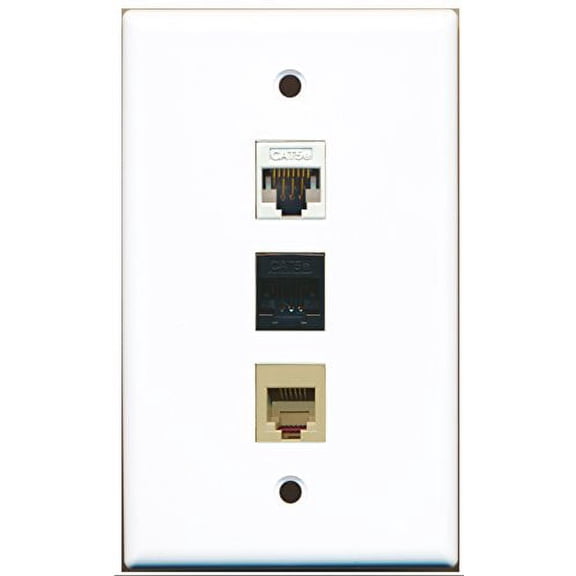 RiteAV - 1 Port Phone RJ11 RJ12 Beige and 1 Port Cat5e Ethernet White and 1 Port Cat5e Ethernet Black Wall Plate