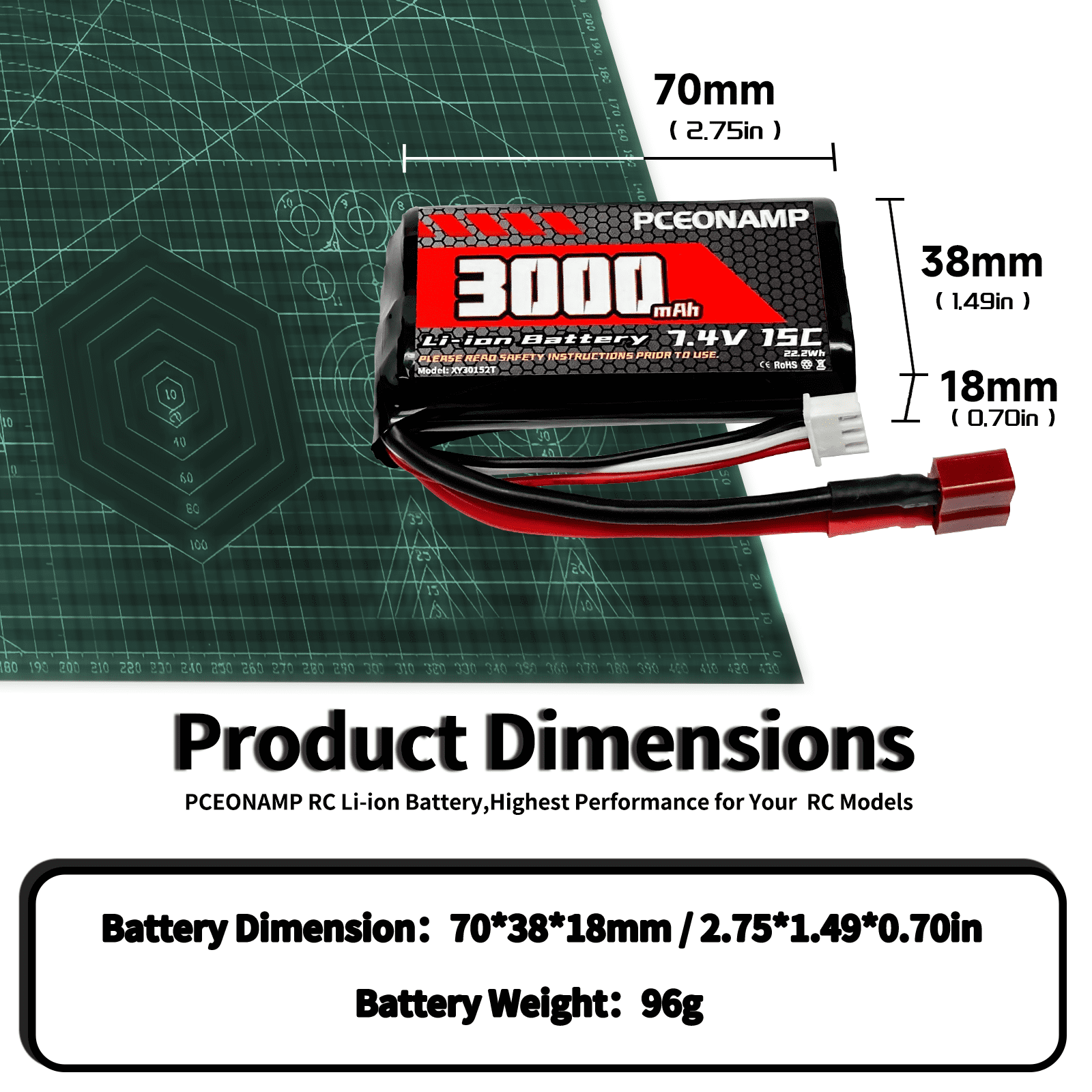 7.4V Li-ion Battery 3000mAh 2S with T Plug Rechargeable High Capacity RC Battery Fit for WLtoys 4WD High Speed RC Cars and Most 1/10, 1/12, 1/16 Scale RC Cars Trucks with 2 USB Chargers