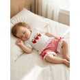 thumbnail image 4 of BemeyourBBs Toddler Girl Baby Summer Clothes Cute Infant Baby Girls Strawberry Outfit Strawberry Embroidery Hollow-Out Ruffles Hem Short Sleeve Shirt Tops Plaid Shorts 2Pcs Set, 4 of 9