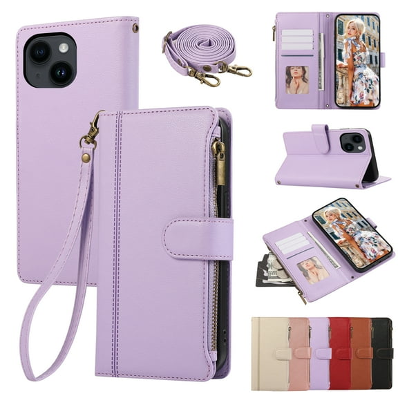Zipper Wallet Cover for iPhone 13, Case with Crossbody Strap & Wrist Strap Card Holder Folding Stand Premium PU Leather Folio Flip Phone Case for Women for iPhone 13, Purple
