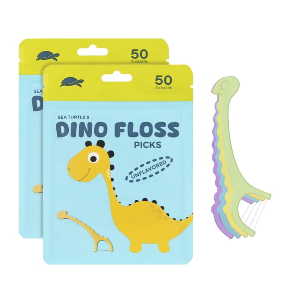 Hilo dental infantil Dino Sea Turtle con mango de almidón de maíz, 100 unidades