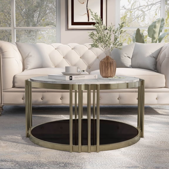Roberts 1-Shelf Faux Marble Top Round Coffee Table, Antique Brass Plating