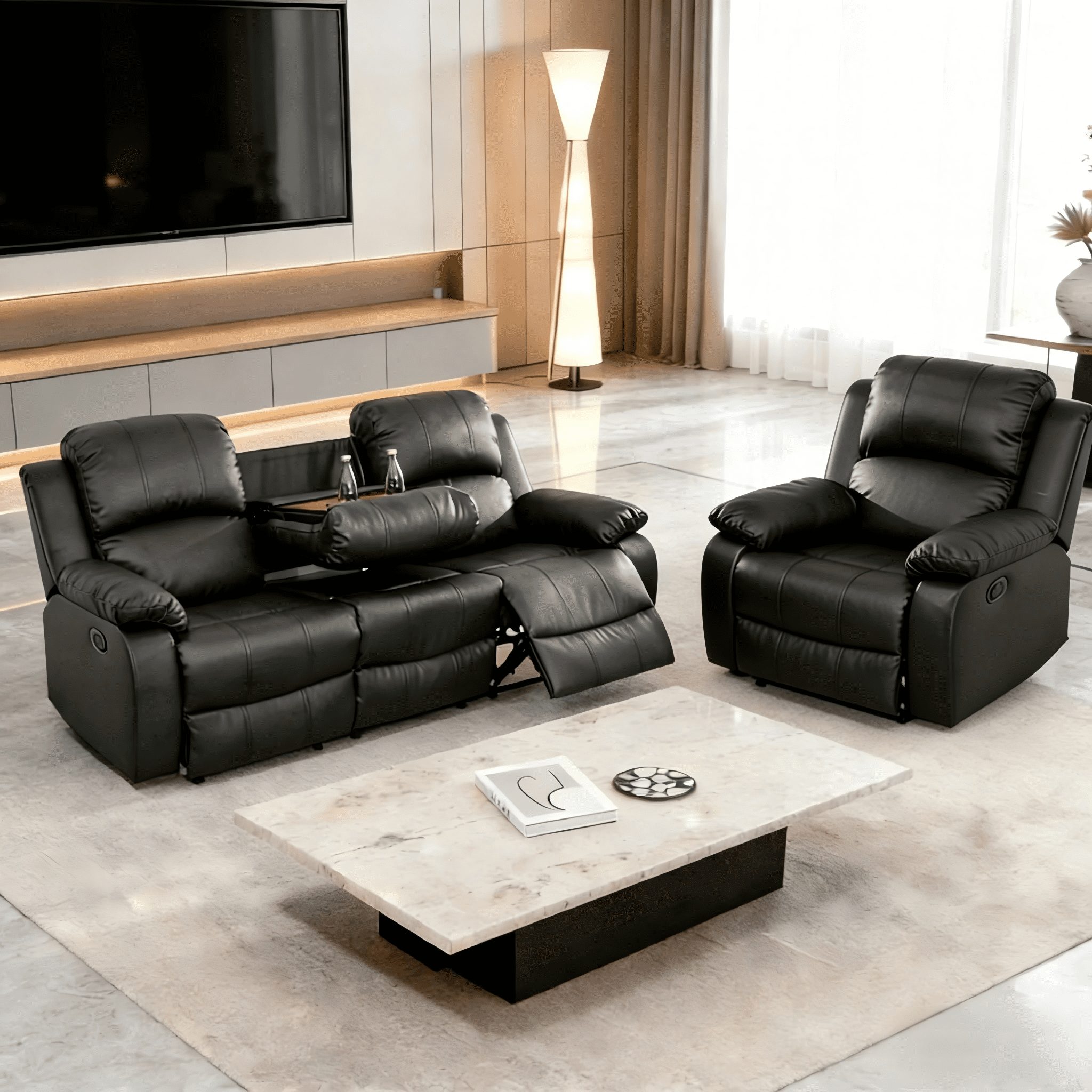 Gewnee 3-Seat Sofa and Recliner with Console and Cup Holders, Air Leather and High-Elasticity Sponge, Adjustable Reclining Angle, Ideal for Living Room, Black