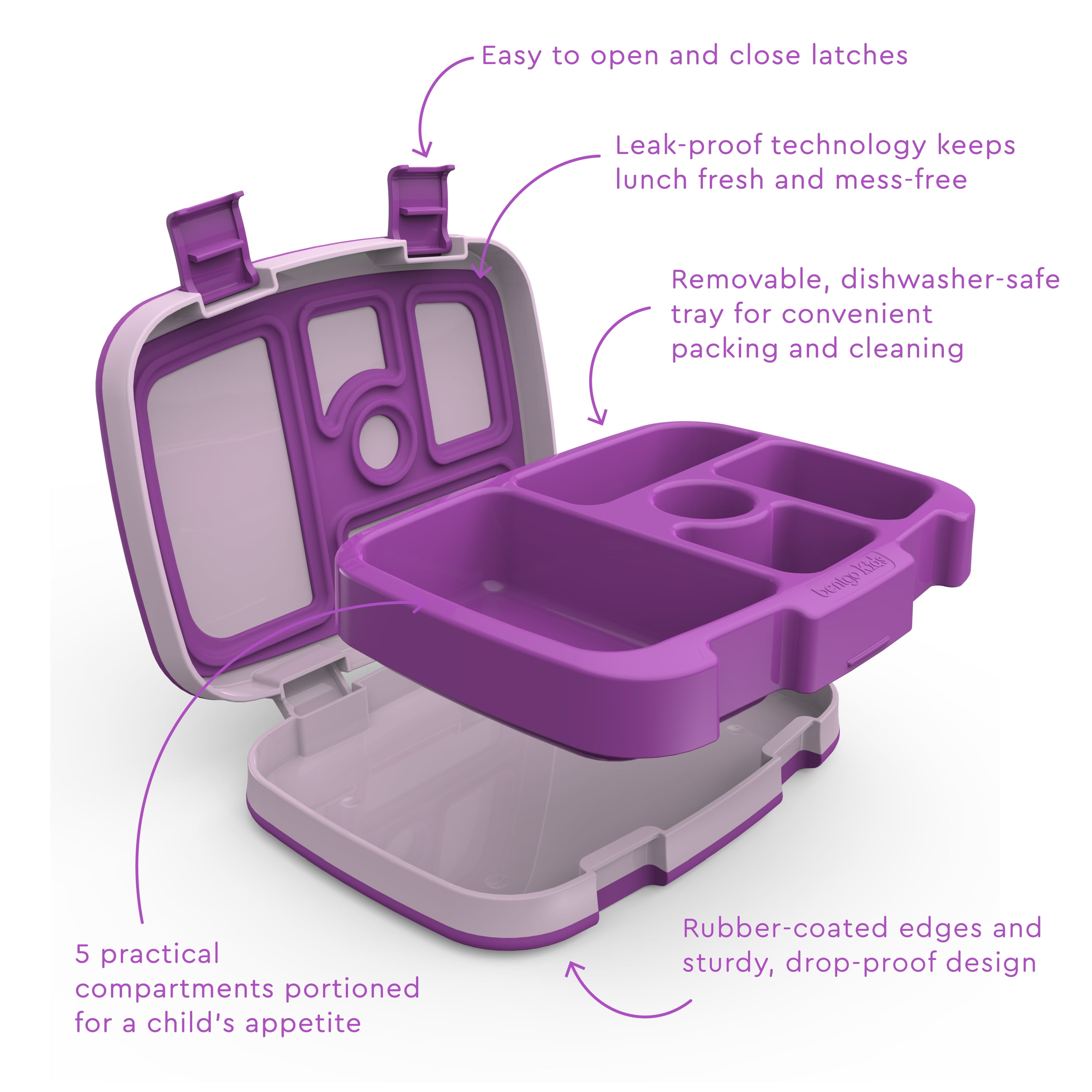 Demiue Bento Box Lunch Container for Adults/Kids, 5 Compartments, Microwave  & Dishwasher Safe, Purple
