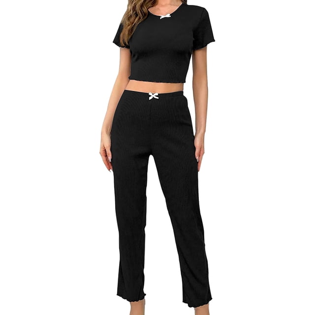 Ensemble de Pyjama pour Femme, Haut à Manches Courtes avec Pantalon et Tenue de Nuit