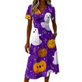 thumbnail image 4 of Women's Halloween Midi Dresses Candy Witch Hat V Neck Cinching Waist Horror Sundress Pumpkin Ghost Short Sleeve Spooky Dresses, 2XL, 4 of 5