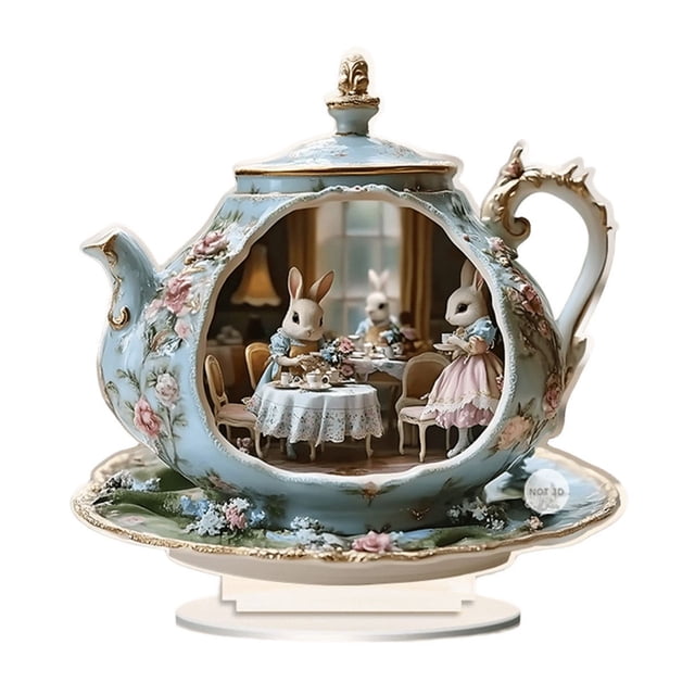 SDNall Tea Party Decorations, Easter Party Decorations, Holiday Party Decorations, Bunny Teapot Scene Acrylic Desktop Decoration Two-Dimensional Family Party Holiday Decoration Ornament