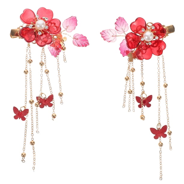 Borlas Pinzas para el cabello Diseño de flores Pinzas para el cabello Estilo antiguo Flor Borla Horquilla Wild Hanfu Accesorios (Rojo)