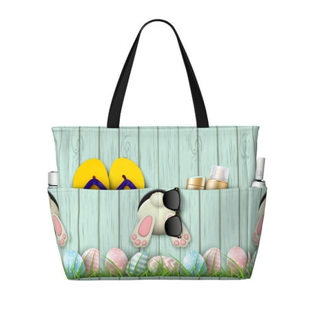 Goofa White Bunny Bottom And Easter Eggs Print Beach Bags Waterproof Beach Tote Bag Zipper Sandproof Swim Pool Bag Large Tote Beach Vacation Travel