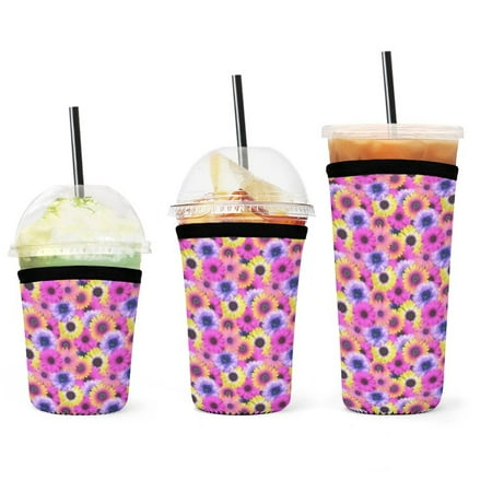 

Set of 3 Packs Reusable Hot And Iced Coffee Cup Sleeve Neoprene Tumbler Sleeve Pink Daisy Print(16 24 32oz)