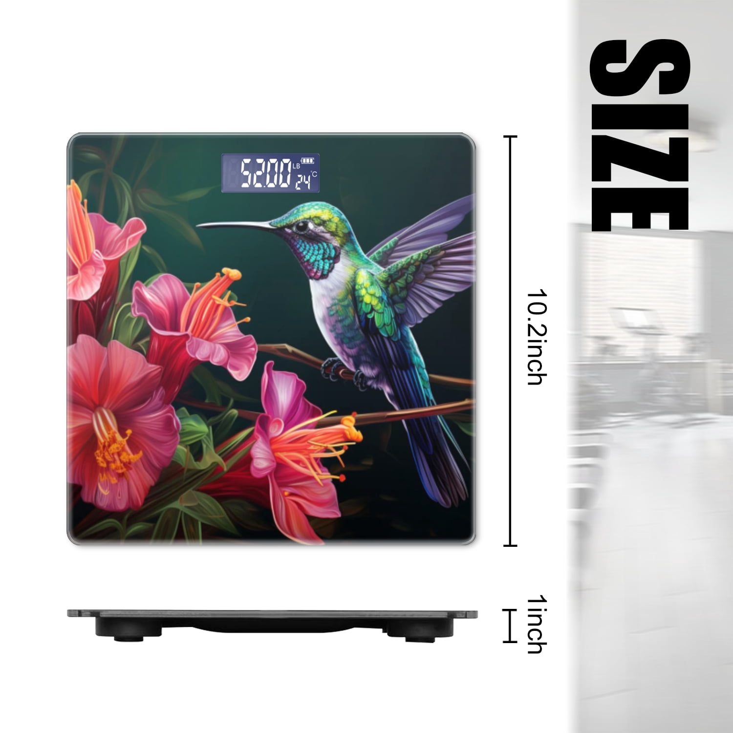 High Precision Body Weight Scale Smart Bathroom Scales with Large LCD Display(400lbs),Decorative for Bedroom-Colorful Hummingbird Sitting On The Branch Of Hibiscus Flowers