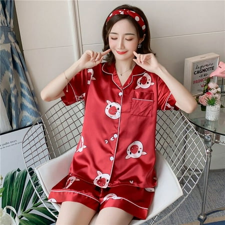 

QWZNDZGR Summer Pajamas Sets Women Short Sleepwear Shorts Suit Faux Stain Sexy Black Ladies Large Size Casual Luxury Cardigan Homewear PJ