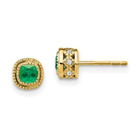 Auriga 14k Yellow Gold Cushion Emerald and Diamond Stud Earrings for Women