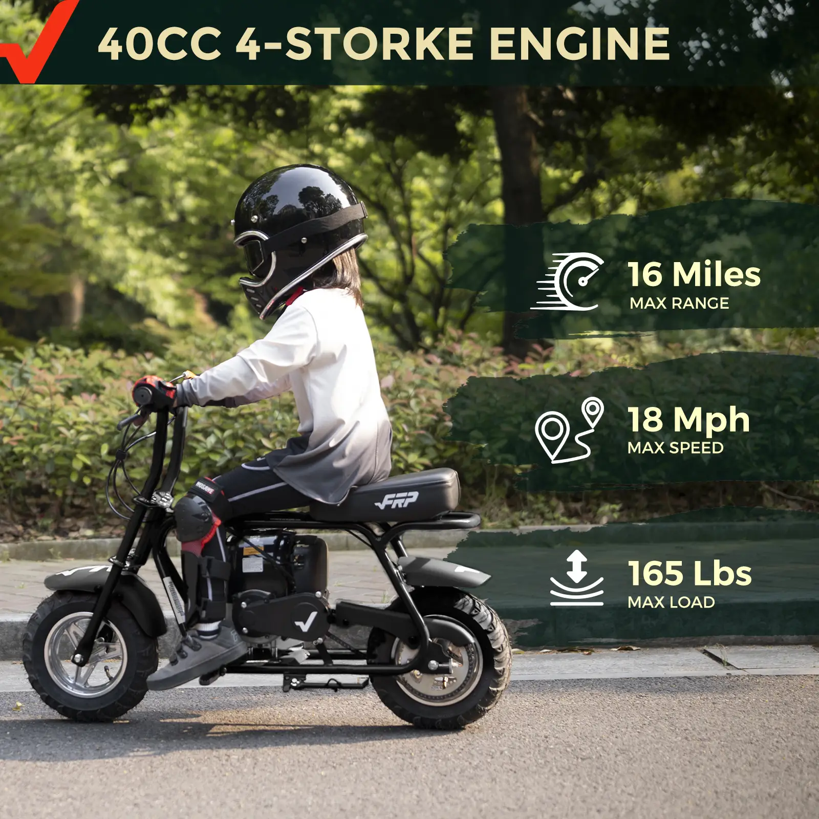 40cc 4-Stroke Gas Mini Bike for Ages 13+, Pull Start Mini Bike with Rear Disc Brake, Up to 18 MPH, 165 lb Capacity, Knobby Tires – Black