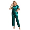 thumbnail image 6 of DAKIMOE Silk Satin Pajamas Set for Women Two-Piece Sleepwear Short Sleeve Pjs Soft Button Down Shirt and Wide Leg Long Pants with Pockets, 6 of 7