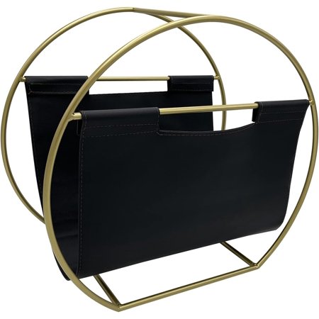 Becki Owens Magazine Holder - Black Leather and Gold Metal Design - File Organizer Rack for Desktop - Free Standing Floor Storage for Living Room, Office, Bathroom, Doctor's Office - Circle