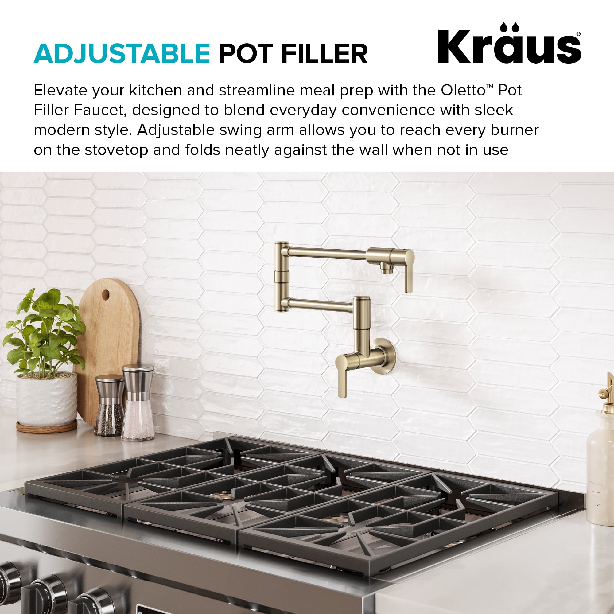 KRAUS® Oletto™ Wall Mount Pot Filler Kitchen Faucet with Retractable Arm in Spot-Free Antique Champagne Bronze